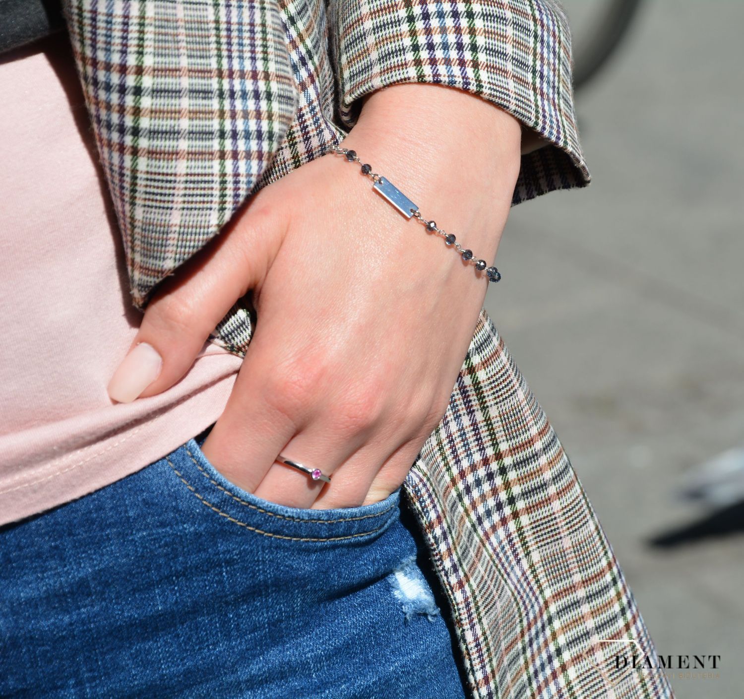 Bransoletka srebrna koraliki granatowe z blaszką Dall'Acqua B RM18144 054.jpg